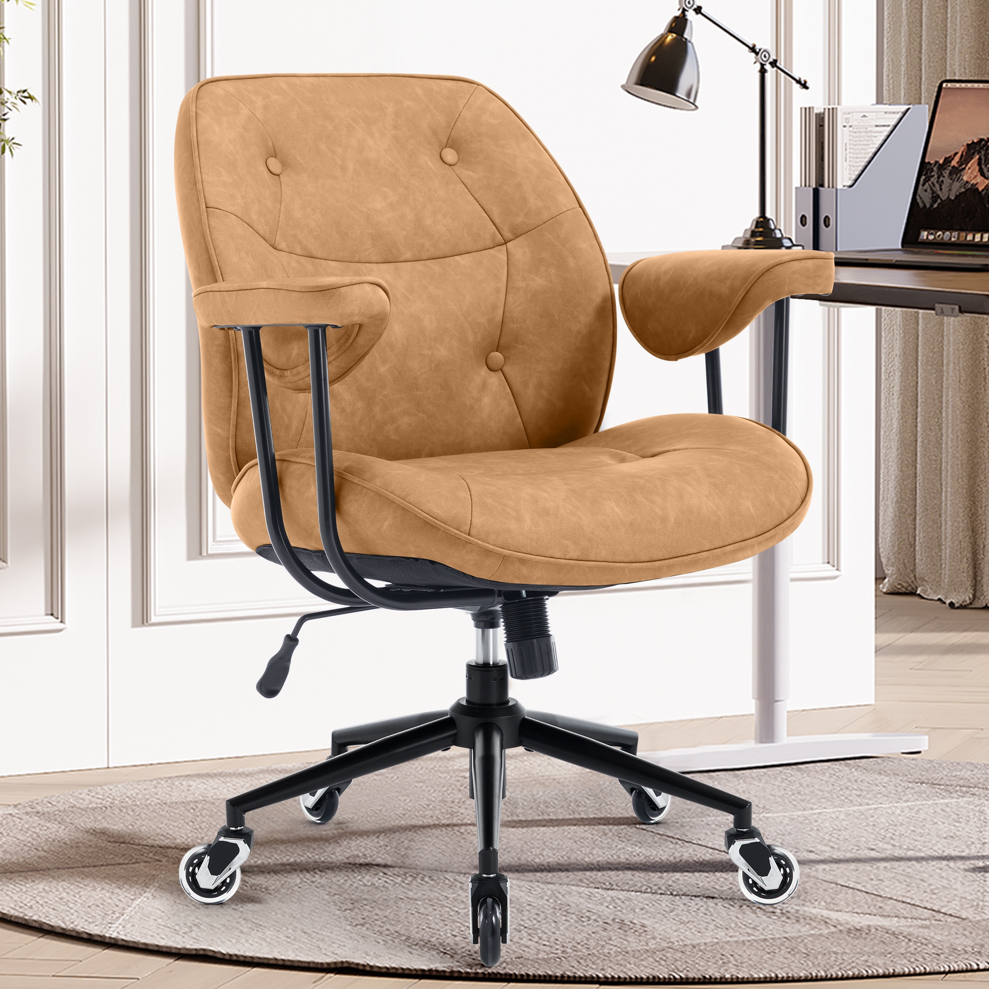 Home Office Desk Chair Retro Leather Chair With Lumbar Support &Rubber Wheels, Mid Back Ergonomic Computer Chair Swivel Rolling Work Chair_voghion.com